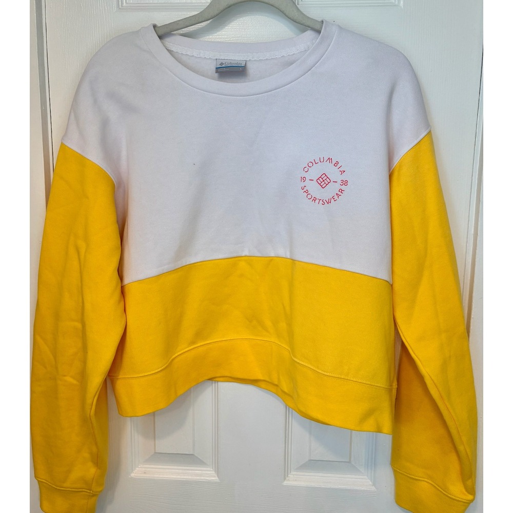 Columbia Sportswear Women Yellow White Colorblock Cropped Sweatshirt Large
